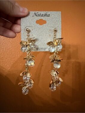 Natasha Couture Gold Leaf Dangle Earrings with Clear Iridescent Beads